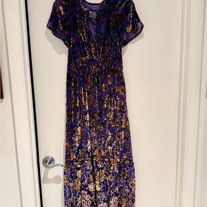Anthropologie Violet and Gold Patterned Maxi Dress